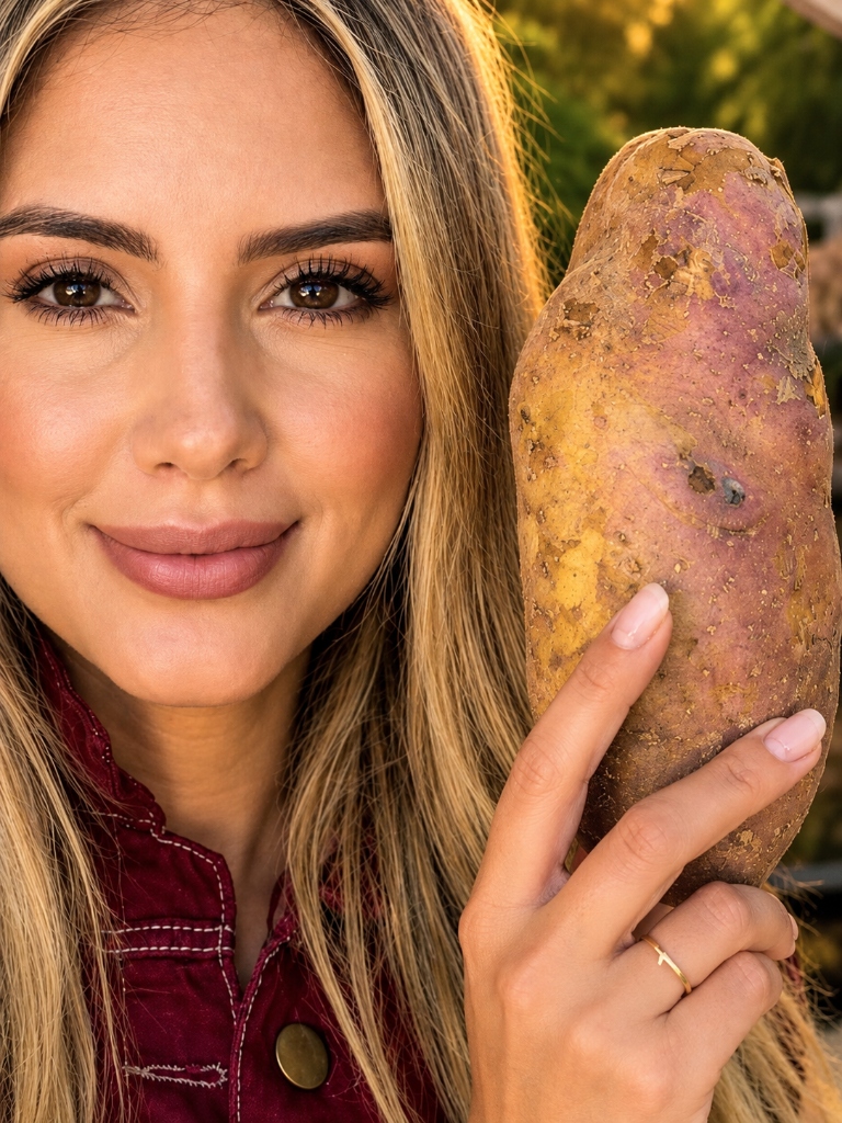 Natalia García, fundadora de La Huerta Distribuidora de Papa con papa capira en la mano
